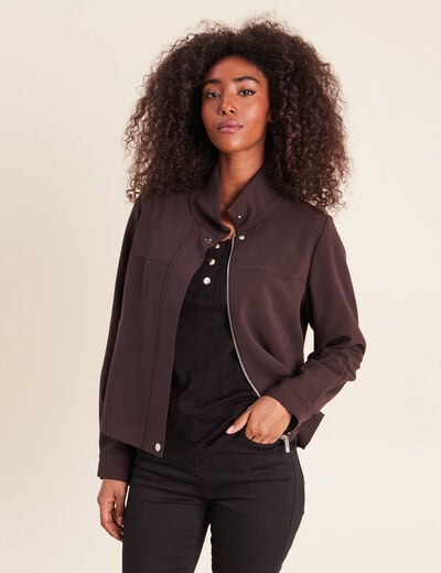 Veste ample courte col montant marron fonc&eacute; femme