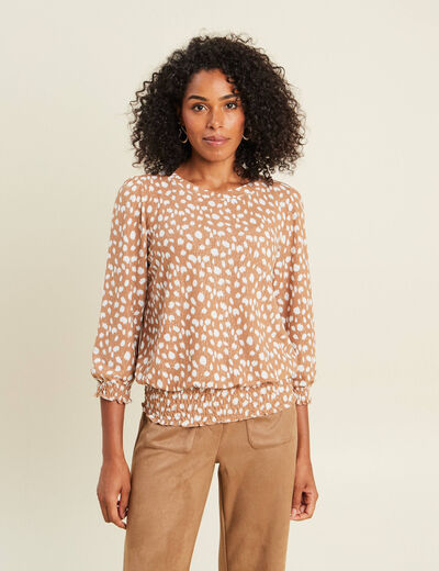 T-shirt col rond manches 3/4 marron femme