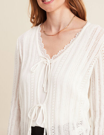 Gilet mi-long manches longues ecru femme
