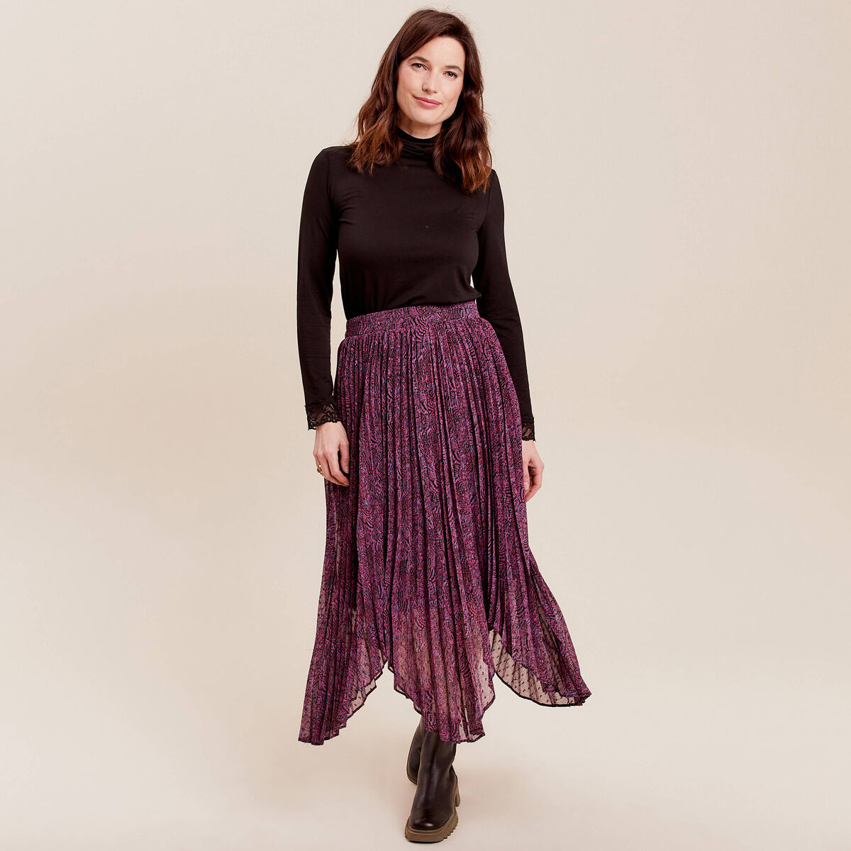 Jupe longue évasée plissée violet femme
