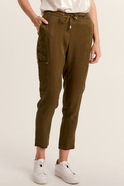 Pantalon large fluide 7/8ème vert olive femme