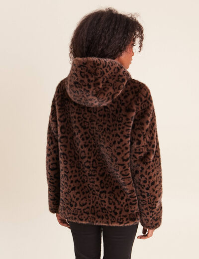 Manteau en fausse fourrure &agrave; capuche marron femme
