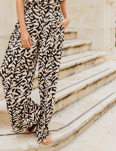 Pantalon Femme Oppa Satin Jambes Larges - Marron Imprimé Animal, Taille 3X, Taille élastique NEUF