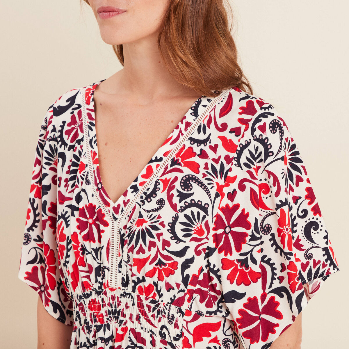 Robe longue évasée col en V blanc femme