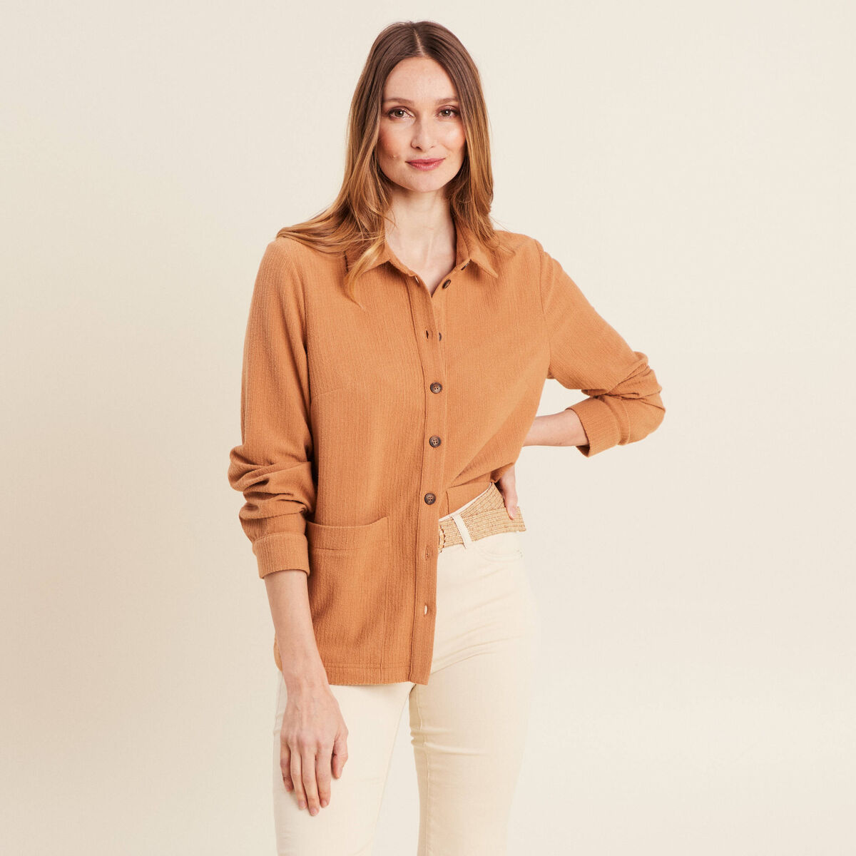 Surchemise manches longues camel femme
