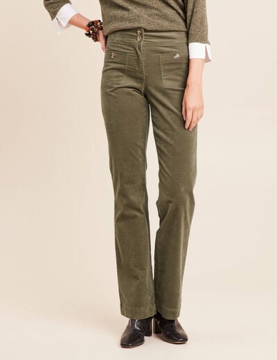 Pantalon bootcut taille haute velours vert kaki femme