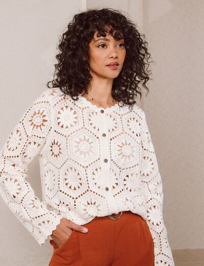 Gilet manches longues aspect dentelle ecru femme
