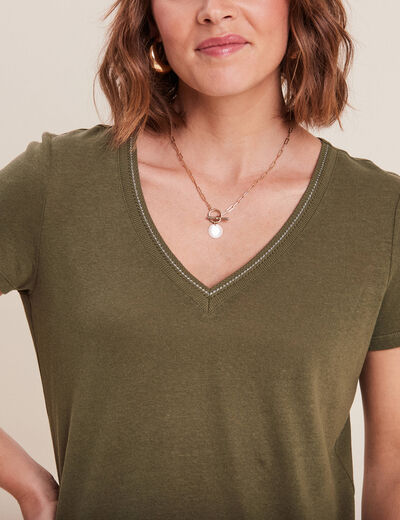 T-shirt manches courtes col en V vert olive femme