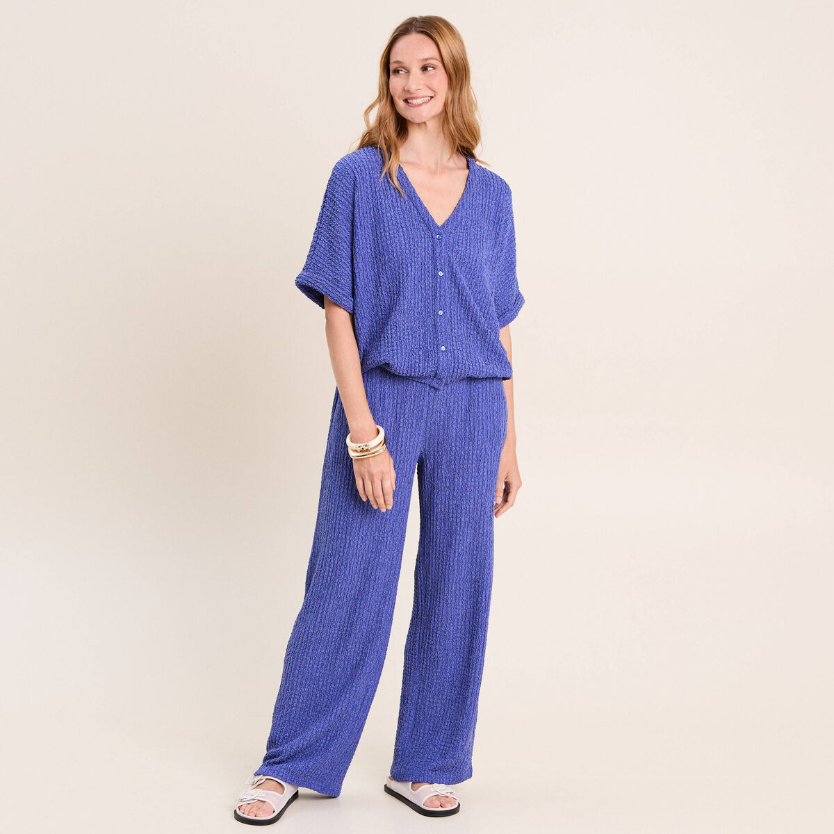 Chemisette effet boule manches courtes bleu roi femme