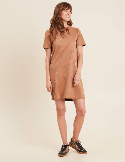 Robe droite courte avec strass marron clair femme