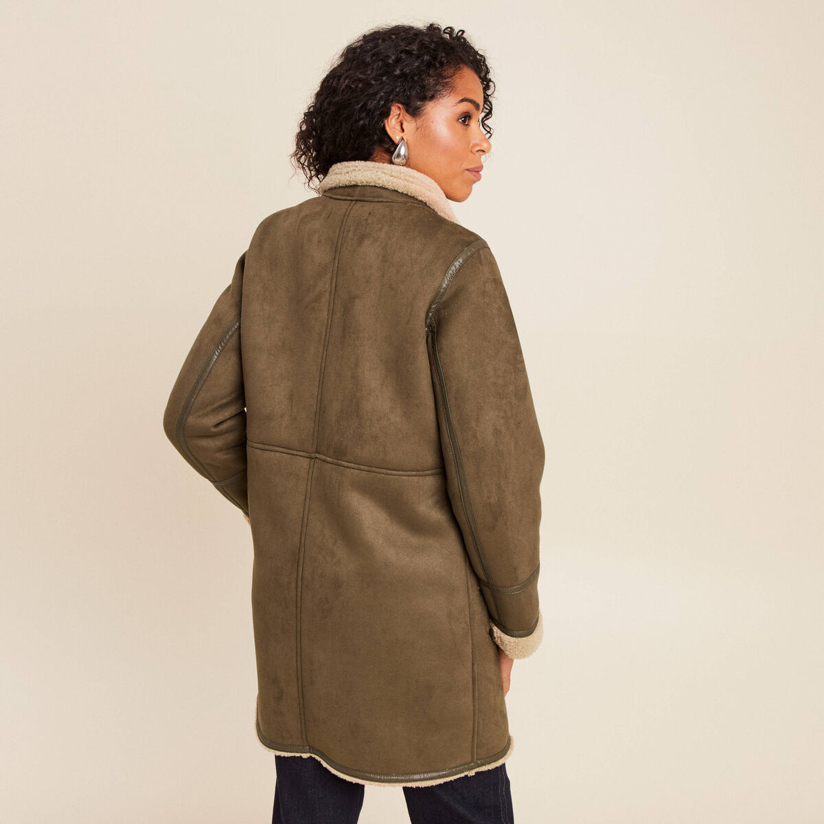 Manteau cintr&eacute; mi-long vert kaki femme