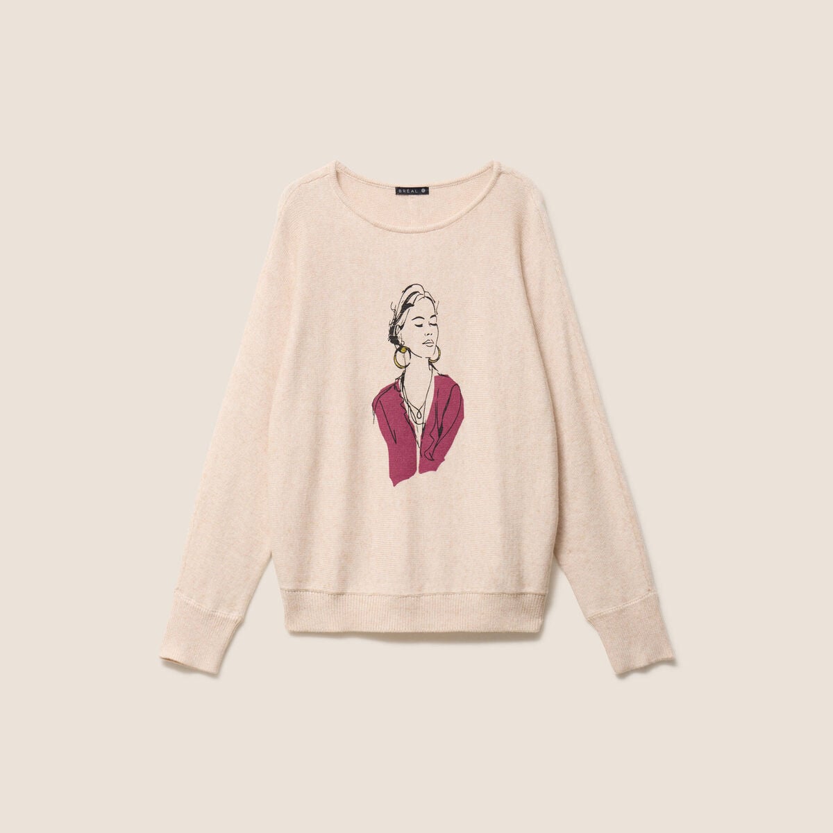 Pull col rond manches longues beige femme