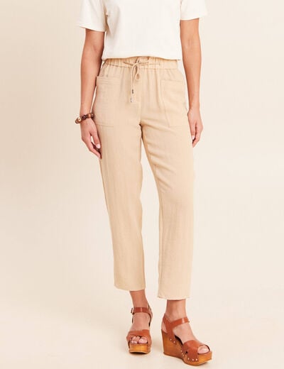 Pantalon mom 7/8&egrave;me en coton beige femme