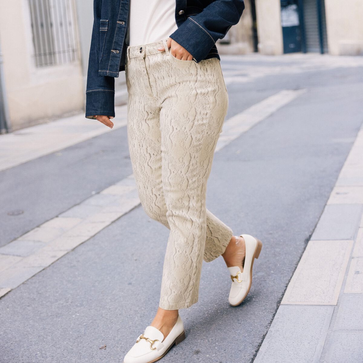 Pantalon 7/8ème taille haute beige femme