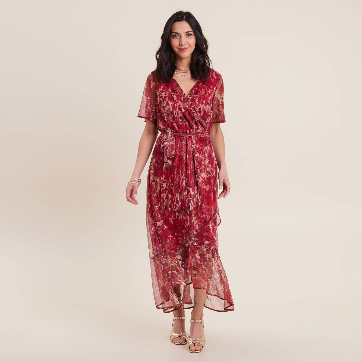 Robe longue portefeuille rose cerise femme