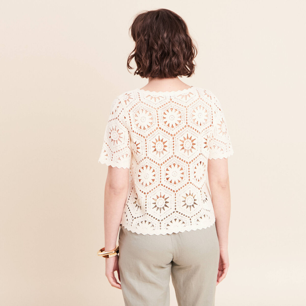 Pull col rond manches courtes dentelle ecru femme