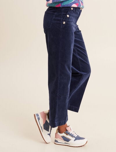 Pantalon large velours c&ocirc;tel&eacute; bleu marine femme