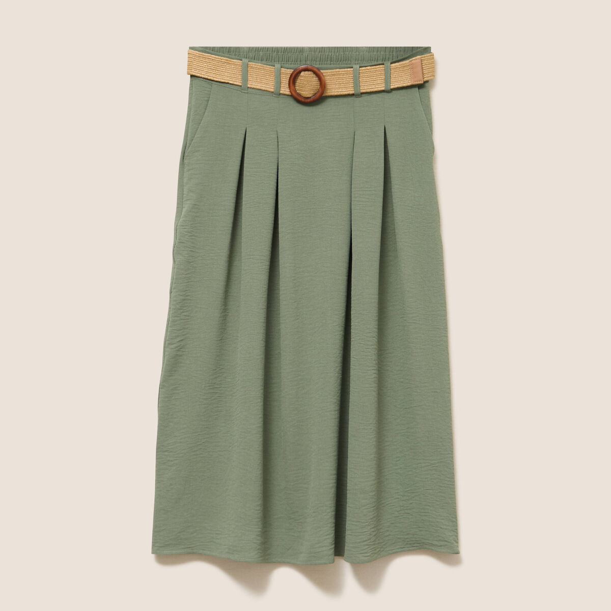 Jupe longue évasée ceinturée vert kaki femme