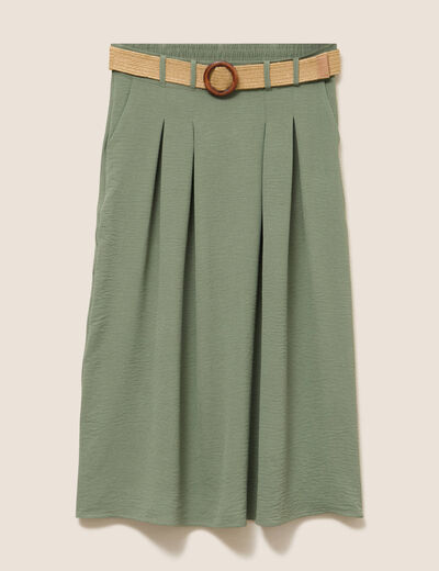 Jupe longue évasée ceinturée vert kaki femme