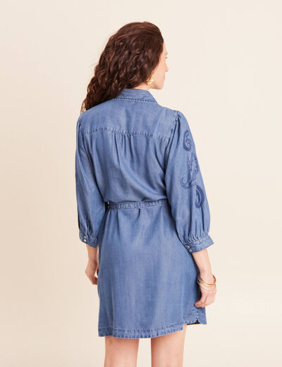 Robe courte &eacute;vas&eacute;e manches 3/4 brod&eacute;e denim double stone femme