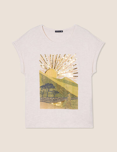 T-shirt manches courtes perles sable femme