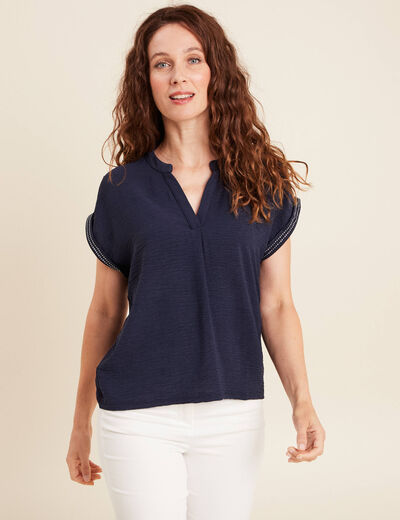 Blouse col tunisien manches courtes bleu foncé femme