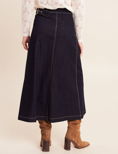 Jupe longue &eacute;vas&eacute;e en jean denim brut femme