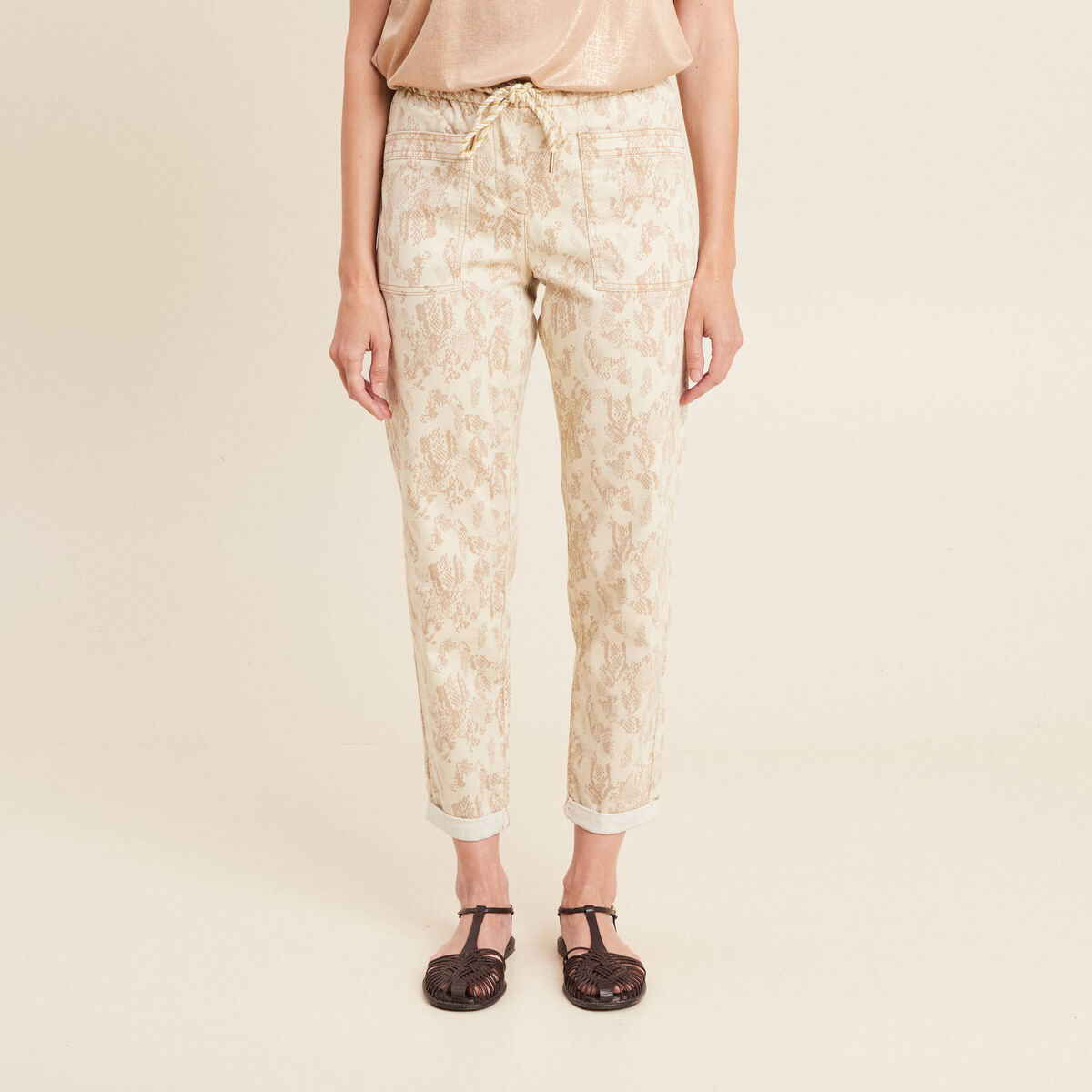 Pantalon paperbag 7/8ème beige femme