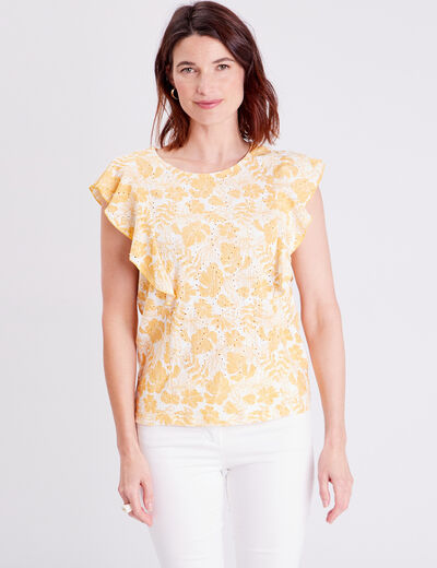 T-shirt manches courtes ajouré jaune moutarde femme