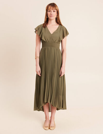 Robe longue &eacute;vas&eacute;e &agrave; volants vert kaki femme