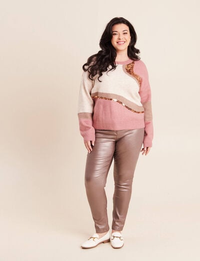 Pull col rond manches longues &agrave; sequins taupe femme