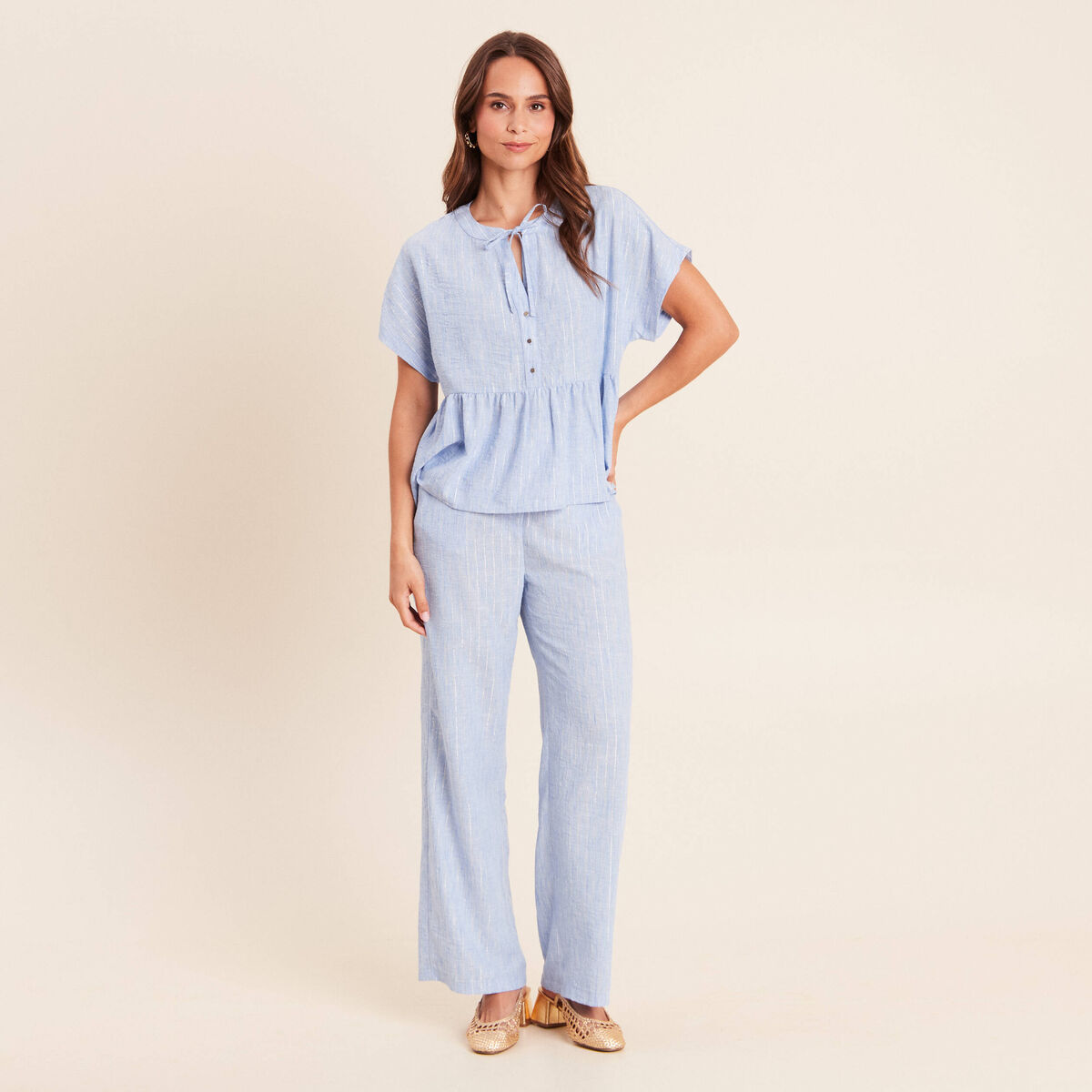 Blouse ample col v manches courtes bleu femme