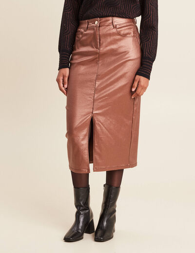 Jupe midi droite enduite couleur cuivre femme