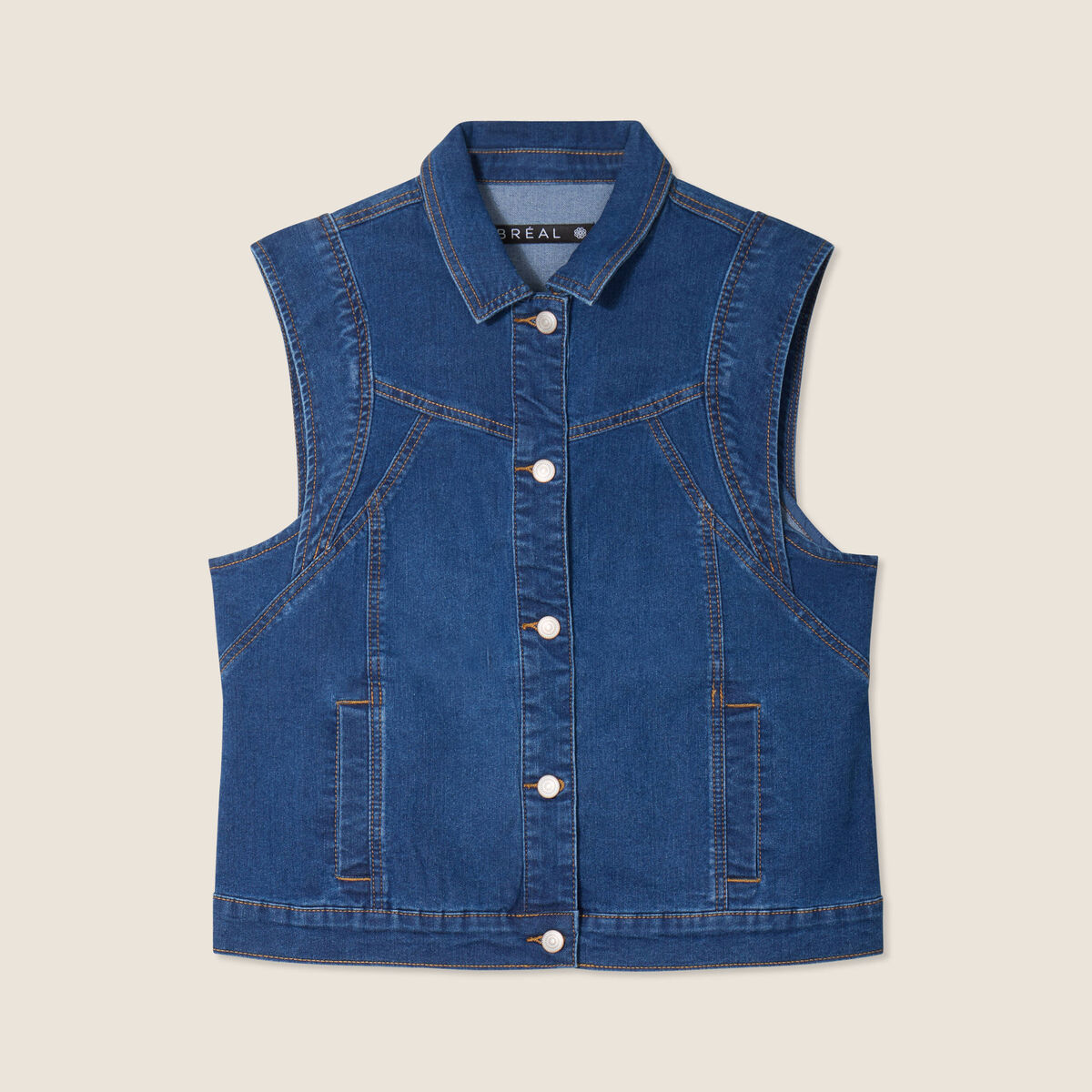 Veste droite sans manches en jean denim stone femme