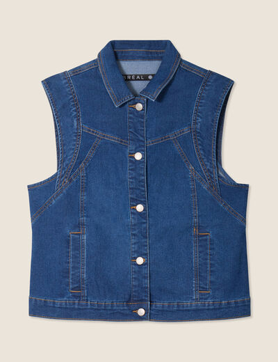 Veste droite sans manches en jean denim stone femme