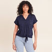 T-shirt col tunisien manches courtes bleu marine femme
