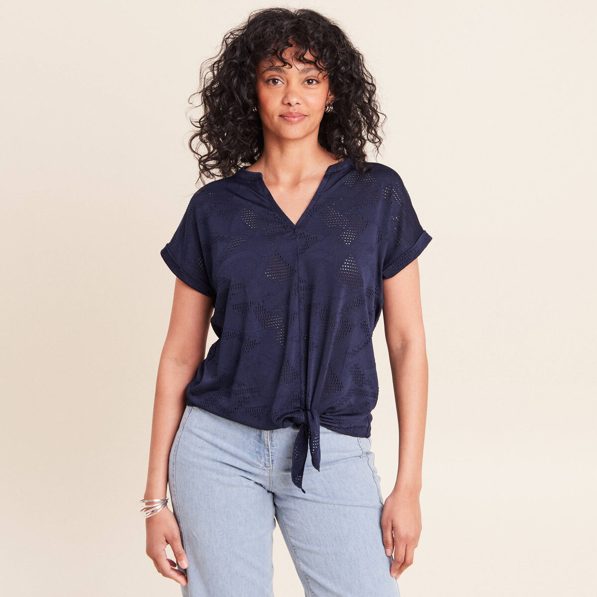 T-shirt col tunisien manches courtes bleu marine femme