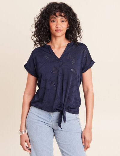 T-shirt col tunisien manches courtes bleu marine femme