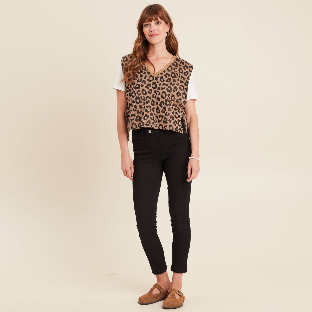 Pull 2 en 1 manches courtes marron femme