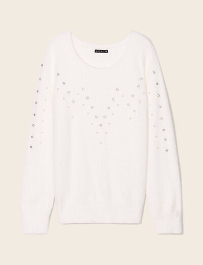 Pull manches longues strass ecru femme