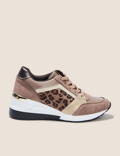 Baskets compensées aspect daim marron foncé femme