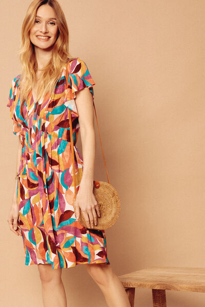 Robe évasée détail smocké beige femme