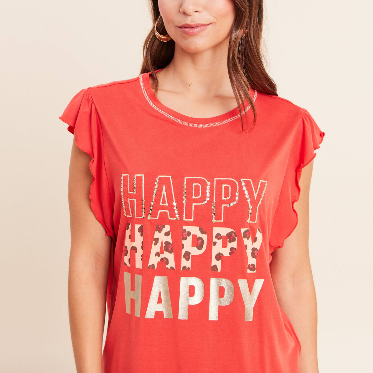 T-shirt manches courtes &agrave; volants orange fonc&eacute; femme