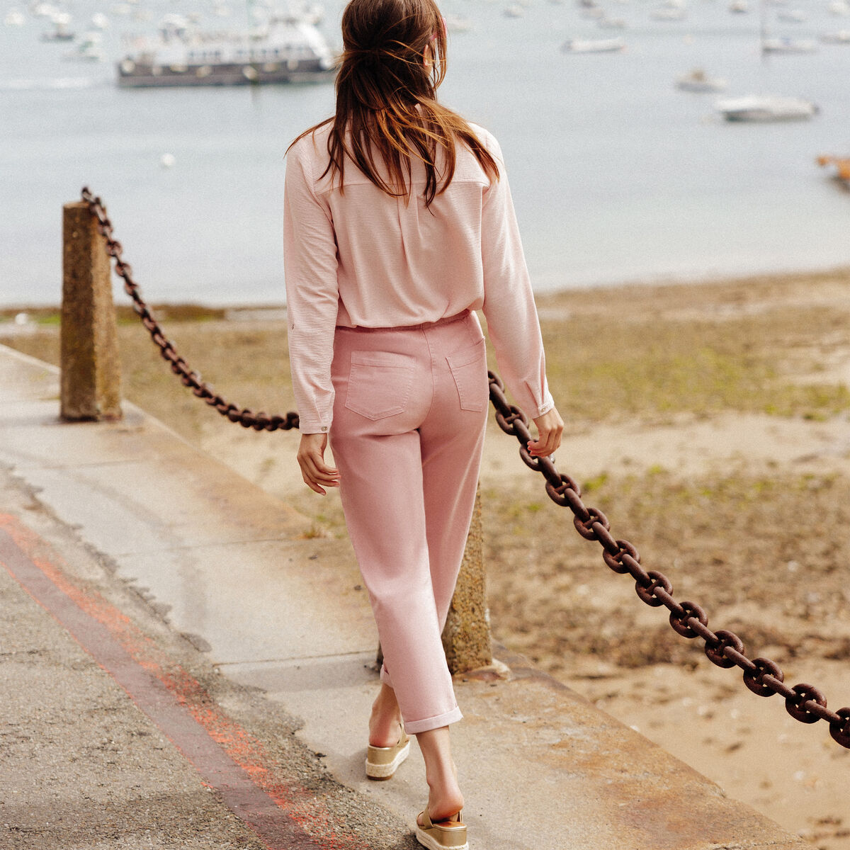 Pantalon coupe droite à coulisse rose pastel femme
