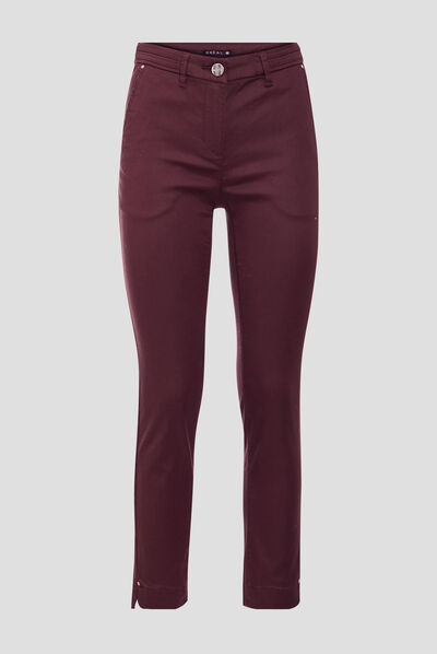 Pantalon ajusté enduit 7/8ème marron foncé femme