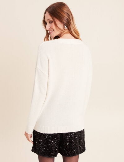Pull en cachemire col v ecru femme