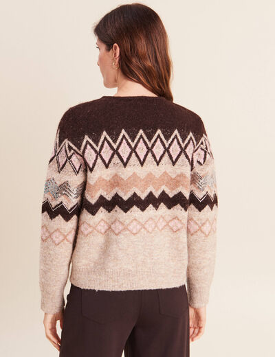 Cardigan jacquard col rond marron femme