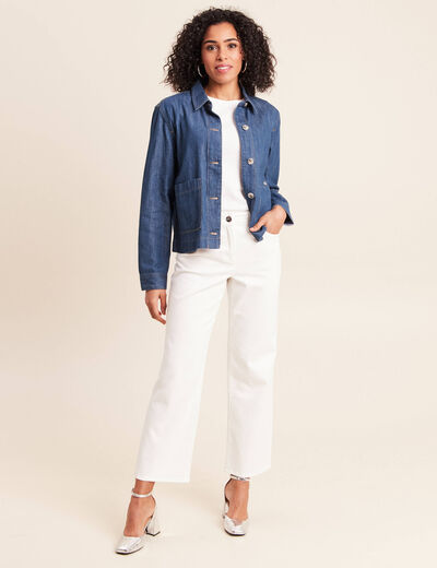 Veste courte droite manches longues denim stone femme