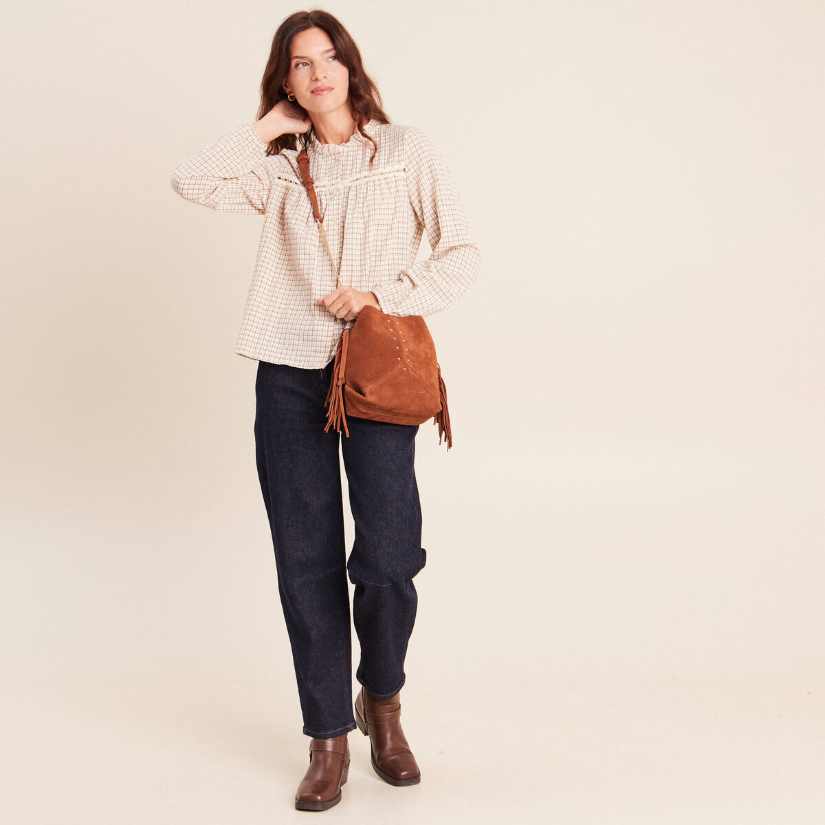 Chemise vichy manches longues col rond marron femme