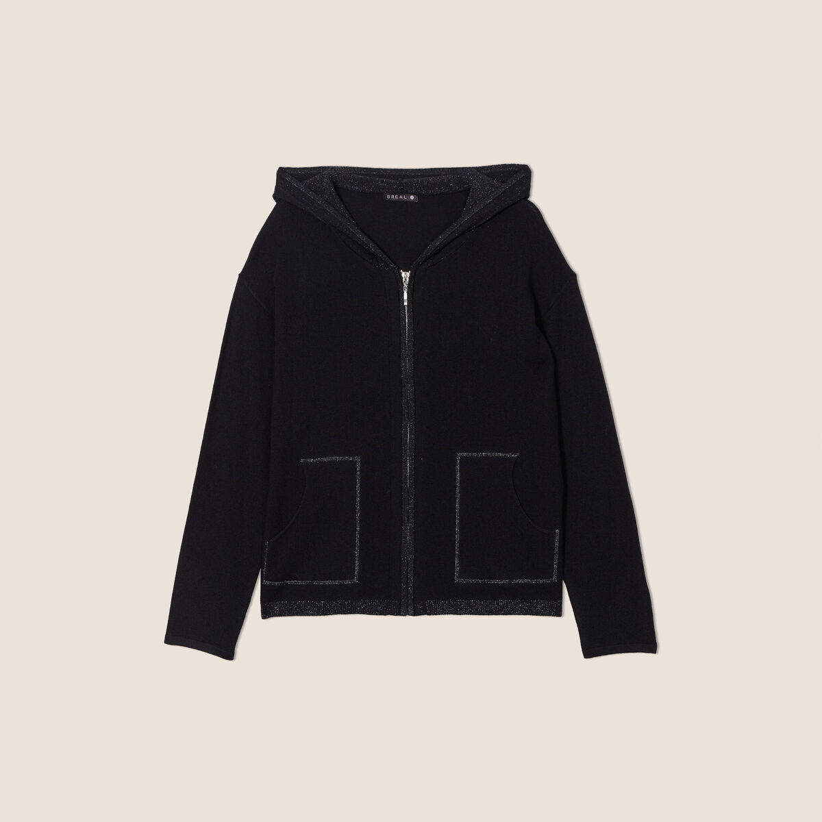 Gilet manches longues à capuche noir femme